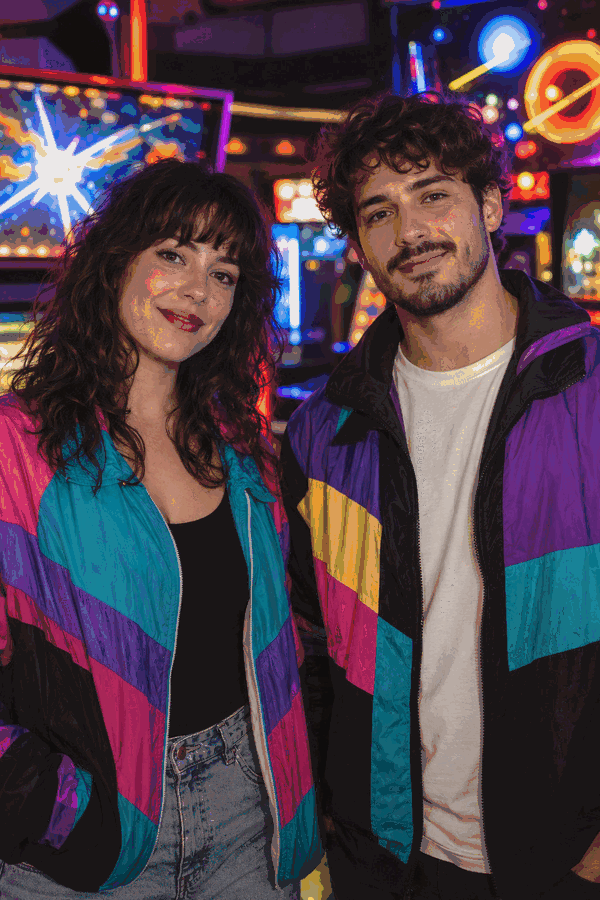 Illustrative animated GIF of two guests laughing together in a neon-lit booth