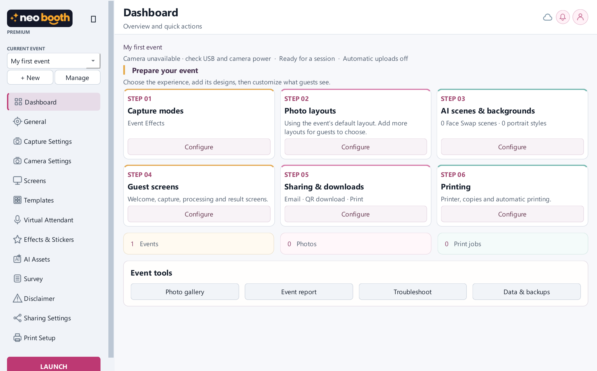 Thumbnail of the Neo Booth development interface for Prepare the event