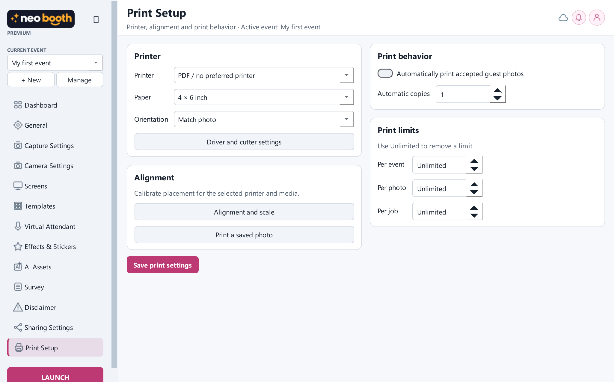 Thumbnail of the Neo Booth development interface for Finish with a print