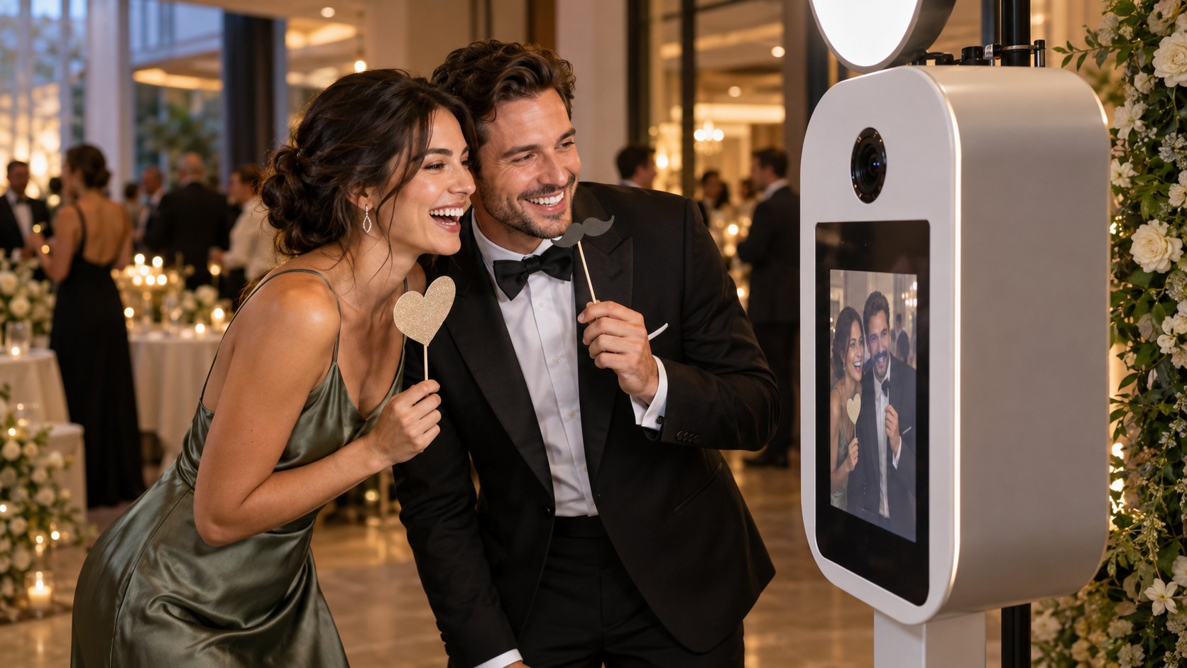Illustrative couple using a photo booth at a celebration
