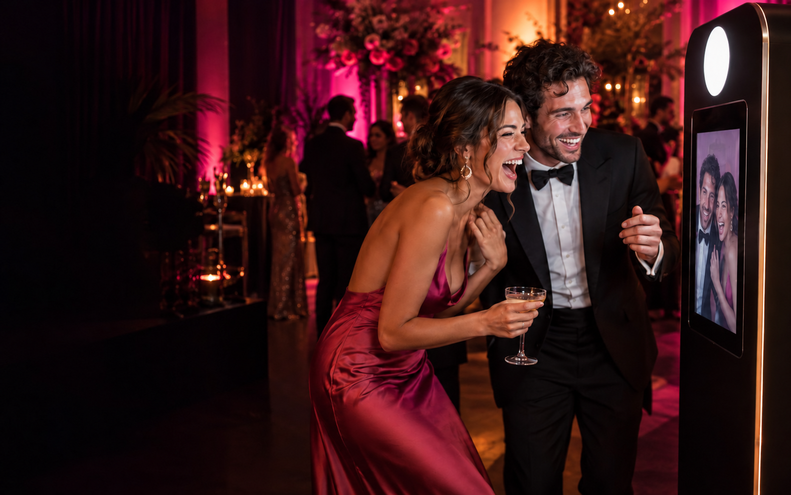 Illustrative guests enjoying a photo booth with their mirrored preview on its screen