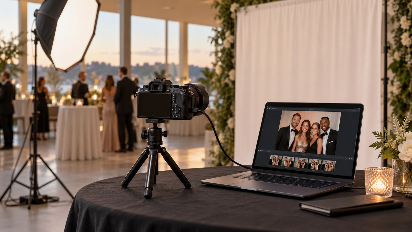 Illustrative camera, lighting and computer photo booth setup at a reception